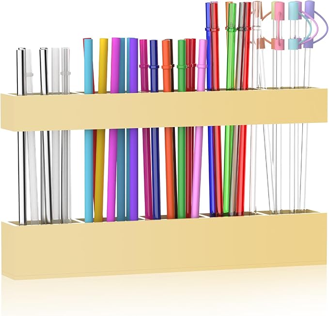 Straw Holder for Cabinet Door, 9.6” Adjustable Two-Part Large Acrylic Straws Organizer with Ultra Sticky Adhesive Strips, 2025 Reusable Straw Storage for Kitchen Cupboard (Milky Yellow)