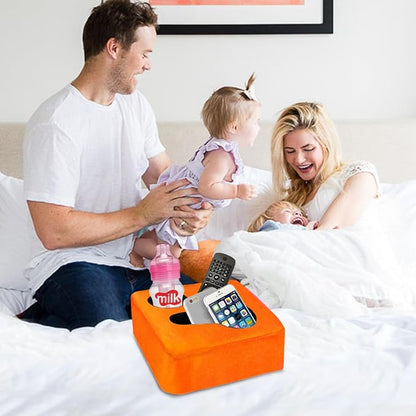 3 Hole Couch Bed Cup Holder Pillow, Keep Drinks Hand Side and KeepTemp, Prevent Spills, Use Anywhere - for Bed, Camping, RV, Car, Beach. Orange