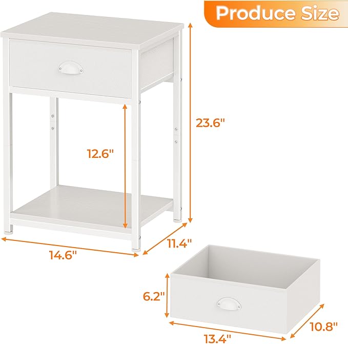 Furologee White Nightstand with Fabric Drawer, Small Side Table for Small Spaces, 2 Tiers Storage Shelves End Table, Night Stand for Living Room, Bedroom, Dorm