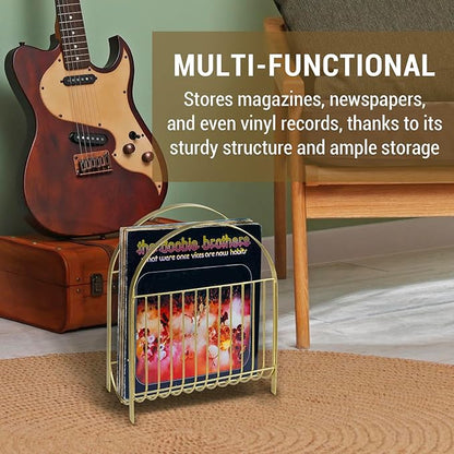 MyGift Deluxe Mid Century Brass Tone Metal Wire Magazine Holder Rack, Table or Floor Display Newspaper Stand Storage Sling for Magazines and Vinyl Record Albums