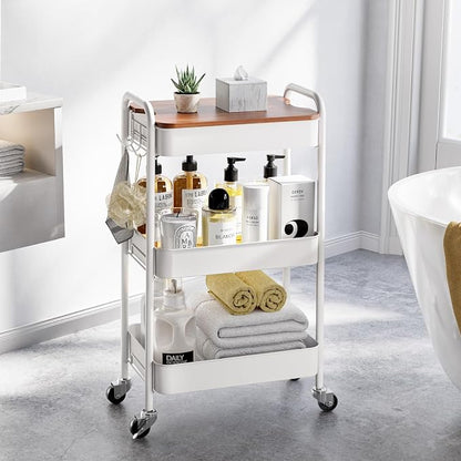 TOOLF 3-Tier Rolling Cart with Table Top, Metal Storage Cart on Wheels, Utility Organizer with Wooden Tray, Lockable Casters, Easy Assembly for Bathroom, Living Room, Office, Kitchen, White