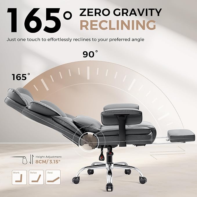 Big and Tall Office Chair - High Back Executive Chair with Footrest & Lumbar Support for Heavy People, Adjustable Arms, Padded Wide Seat Computer Gaming Chair, Heavy Duty, Gray