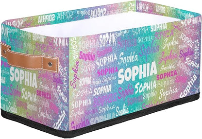 Personalized Narrow Storage Bins, Customized Name Storage Basket Rectangle Organizer for Organizing Kids Pets Toys Towels Socks Shelf Closet, Colorful Light Pink Purple Yellow Blue Glittering