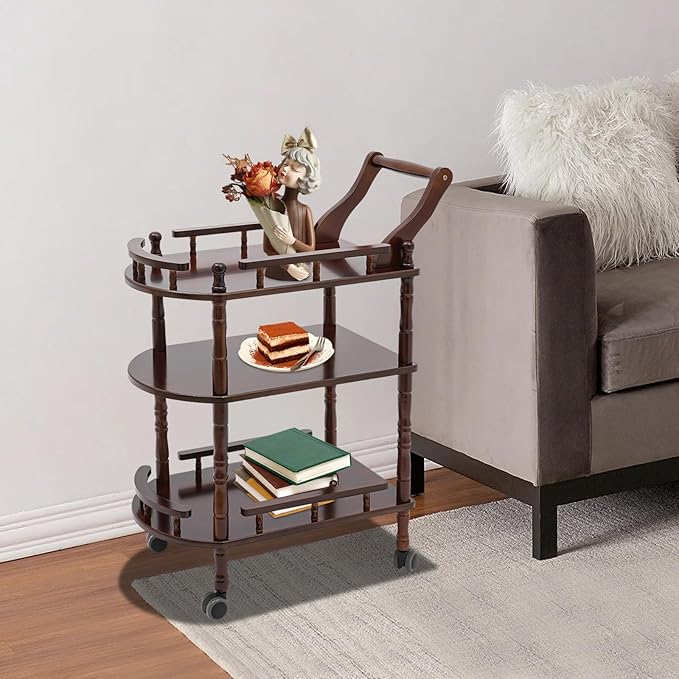 3 Tier Rolling Bar Cart, Home Bar Serving Cart, Brown Wood Mobile Bar Cart Serving Cart with Practical Handle, Multifunctional Utility Cart, for Hotels, Living Rooms, Offices, Kitchens