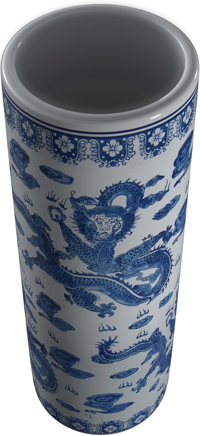 Red Lantern 24" Dragon Blue & White Porcelain Umbrella Stand for Indoor/Outdoor Use in Garden Entryway Living Room Boho Eclectic Modern Contemporary Classic Traditional Style Decor