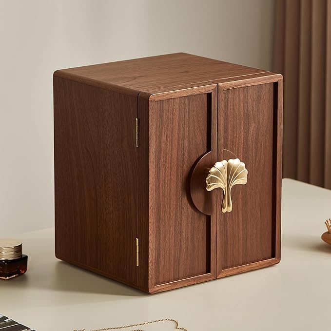 Wooden Jewelry Box 5 Layer Black Walnut Large Jewelry Organizer with Brass Handle for Necklaces Rings Earrings Watches Storage, Christmas Gifts(7.9x8.7x10.0inches)