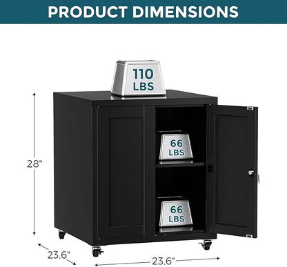 Large Printer Stand with Storage and Lock, 3D Heavy-Duty Printer Cabinet, Printer Table for Home Office with Doors and Adjustable Shelves, for Office Copier and Fax Machine, Black