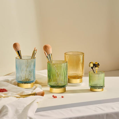 Makeup Brush Holder Organizer,Toothbrush Holders,Desk Pen Pencil Holder,Multifunctional Vintage Glass Brush Cup（S+L/Green/A3-1-US）