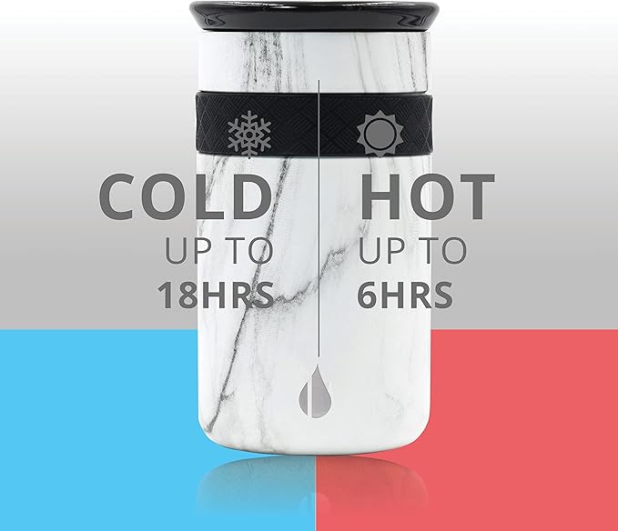 Elemental Artisan Insulated Tumbler, Triple Wall Coffee Travel Mug, Reusable Stainless Steel Coffee Tumbler with Ceramic Lid, Thermal Coffee Cups for Hot (6 Hrs) & Cold (18 Hrs), 12oz - White Marble
