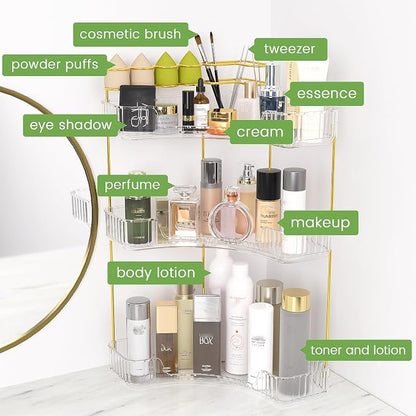 NATURE'S SOURCE Makeup Organizer for Vanity, 3-Tier Corner Bathroom Organizer Countertop with Makeup Brush Holder, Corner Counter Storage for Bathroom, Dresser, Kitchen（Clear