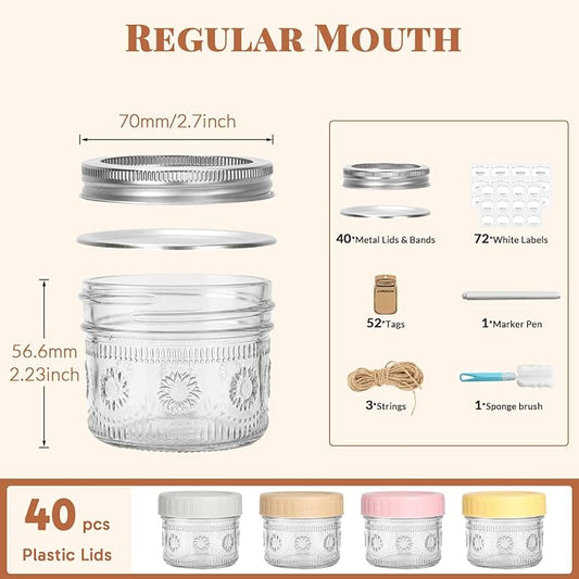 CycleMore 4 oz Glass Mason Jars, 40-Pack Bulk Small Canning Jars with Regular Mouth & Two Sets of Lids (40 Metal + 40 Plastic) – for Jam, Honey, Spices, Overnight Oats, Wedding Favors