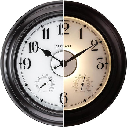 CLXEAST 24 Inch LED Self-Illuminated Outdoor Metal Clocks Waterproof, Large Lighted Outdoor Clock with Temperature and Humidity,House Warming Gifts New Home,Oil Rubbed Bronze Black
