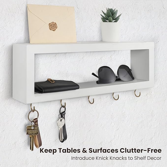 Wall Shelf with Hooks - Decorative Key and Wallet Holder for Wall Holds Sunglasses, Leashes, Scarves and Lanyards - 15.7" x 5.1" x 2.9" Entryway Organizer Made of Paulownia Wood (White)