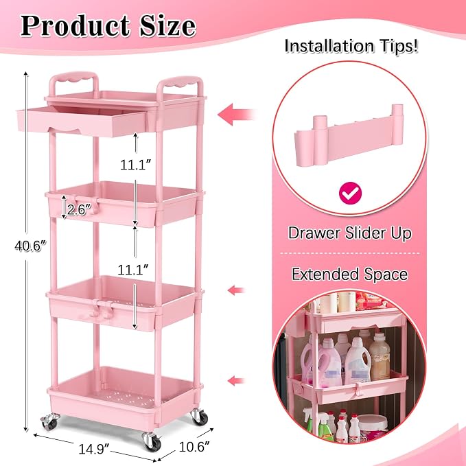 SUNALLY 4 Tier Rolling Utility Cart with Drawer, Storage Organizer Cart with 2 Lockable Wheels, Multifunctional Rolling Storage Cart for Bathroom, Kitchen, Craft, Makeup, Baby Essentials, Pink
