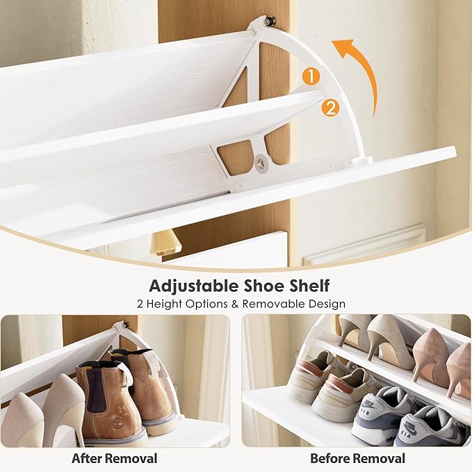 Nicetree Shoe Cabinet with 2 Flip Drawers, Narrow Shoe Organizer Cabinet, Freestanding Shoe Rack Cabinet, Modern Shoe Storage Cabinet for Entryway, Hallway, Foyer, Natural Oak and White with Hook