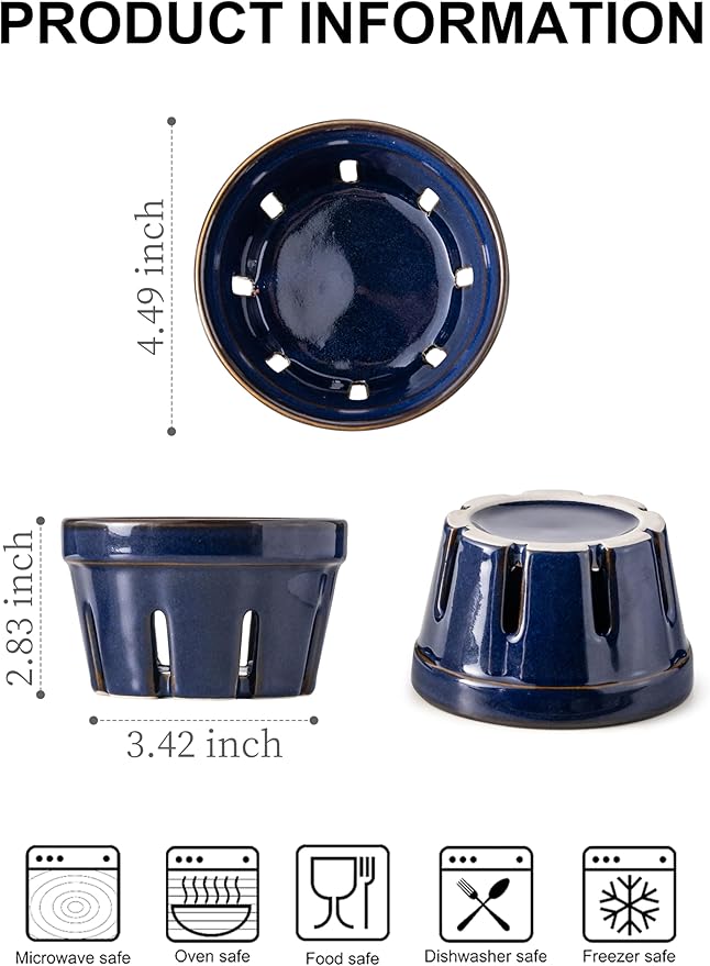Gomakren Ceramic Fruit Basket Set of 2, Round Fruit Bowl with Holes, Fruit Storage Containers for Fridge, Small Berry Basket for Kitchen, Berries, Strawberry, Grape, Cherry - Cobalt Blue
