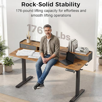 Electric Standing Desk with Drawers, 63 Inch Height Adjustable Desk with Power Outlets & LED Lights, Sit Stand Table with Monitor Stand for Home, Office, Rustic Brown