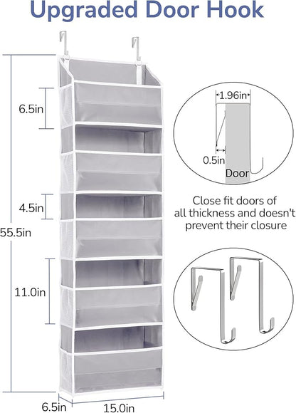 ULG 1 Pack Over Door Organizer with 5 Large Pockets 10 Mesh Side Pockets, 44 lbs Weight Capacity Hanging Storage Organizer with Clear Window for Kids Toys, Shoes, Diapers, Grey, 5 Layer