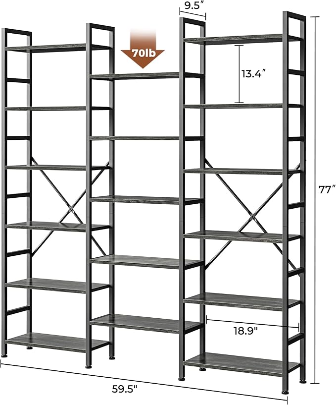 SUPERJARE Triple Bookshelf, Bookcase with 11 Open Display Shelves, Wide Book Shelf Book Case for Home & Office, 6 Tier, Grey