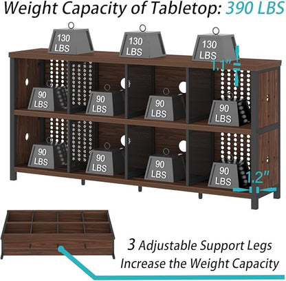 LVB Wood Horizontal Bookshelf, Industrial Long Bookcase Cube Shelf Organizer, Large Wide Low Wooden Metal Cube Book Shelf, Under Window Bookshelves for Office Bedroom Living Room, Walnut, 63 Inch