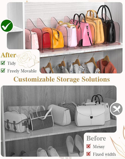 Rose Purse Dividers for Closet, 2 Pack Clear Clutch Purse Closet Organizers, Adjustable Handbag Storage Organizers, Plastic Bookshelf Separator Dividers for Bedroom Office
