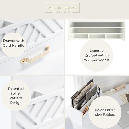 BLU MONACO | White Wooden Desk Organizer & Mail Organizer with Drawer & Gold Handle | Mail Sorter Countertop | 6 Compartments | White Desktop Organizer for Desk