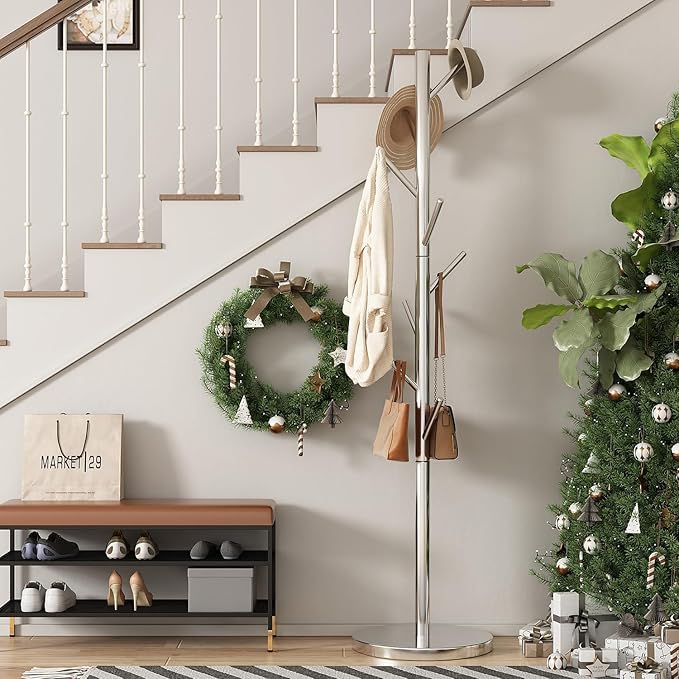 Silver Coat Tree Freestanding, Metal Standing Coat Rack, Stainless Steel Coat Rack Freestanding Modern Coat Stand for Entryway, Hallway, Bedroom (Silver)