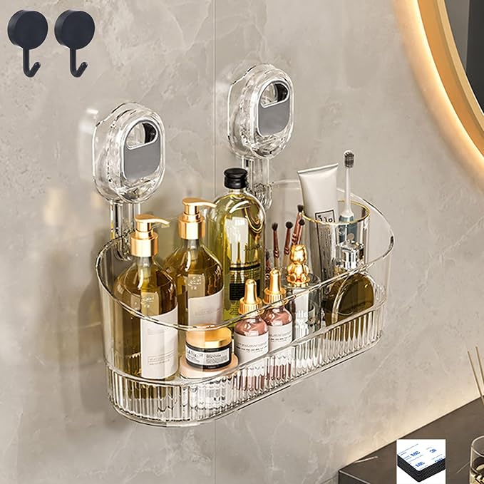 No-Drill Bathroom Suction Storage Box – Large Capacity & Strong Load-Bearing, Removable Hanging Shower Basket Caddy Organizer Drain Rack, with Drainage Hole & Adhesive Backing (Transparent, 1pc)
