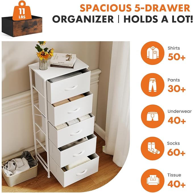 Sweetcrispy 5 Drawer Dresser with Fabric Bins Steel Frame Wood top Storage Chest for Bedroom Closet Hallway White Compact Organizer Durable Home Storage Solution