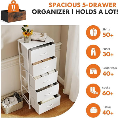 Sweetcrispy 5 Drawer Dresser with Fabric Bins Steel Frame Wood top Storage Chest for Bedroom Closet Hallway White Compact Organizer Durable Home Storage Solution