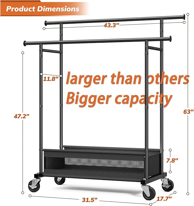 Clothes Rack, Clothing Racks for hanging clothes, Rolling clothes rack with Storage Basket & Heavy Duty Wheels, Double rods clothing rack for Bedroom, Laundry Room, Black