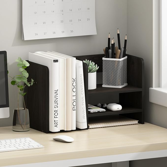 Furinno Hermite Desk Organizers, Office Organization with Accessories and Vertical File Holder, Desktop Book Shelf, for Office Supplies, Desk Accessories, for Study Room, Dorm, Black Espresso