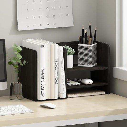 Furinno Hermite Desk Organizers, Office Organization with Accessories and Vertical File Holder, Desktop Book Shelf, for Office Supplies, Desk Accessories, for Study Room, Dorm, Black Espresso