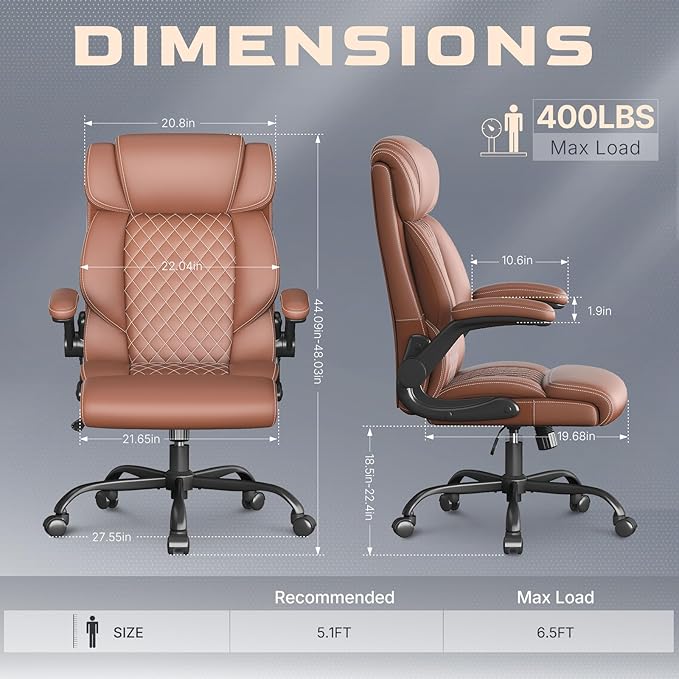 Office Chair-Executive High Back Breathable Comfy Desk Chair with Flip-up Armrests Lumbar Support-Ergonomic Leather Rolling Swivel Chair with Rock Function for Working Studying Gaming