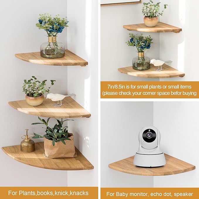 Conamily Corner Shelf, 7inch Solid Oak Wood Floating Corner Shelf Wall Mount Round End Floating Speaker Shelves with Wire Hole for Small Plant Photo Frame for Bedroom Kitchen, Living Room | Wire Hole, Small Plant, Photo Frame, Bedroom, Kitchen, Living ...