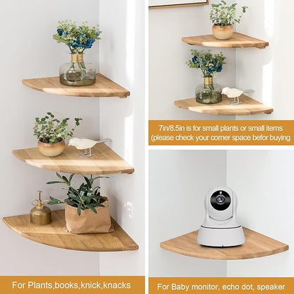 Conamily Corner Shelf,16inch Natural Oak Solid Wood Floating Corner Shelves Wall Mount Round End Floating Speaker Rack with Wire Hole for Small Plant for Bedroom Kitchen, Living Room