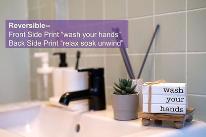 Farmhouse Mini Bookstack for Bathroom Decor Wooden Books for Restroom Shelf Decorative Accent for Guest Bathroom Sign, 2 Signs in 1 Reversible - Wash Your Hands/Relax Soak Unwind