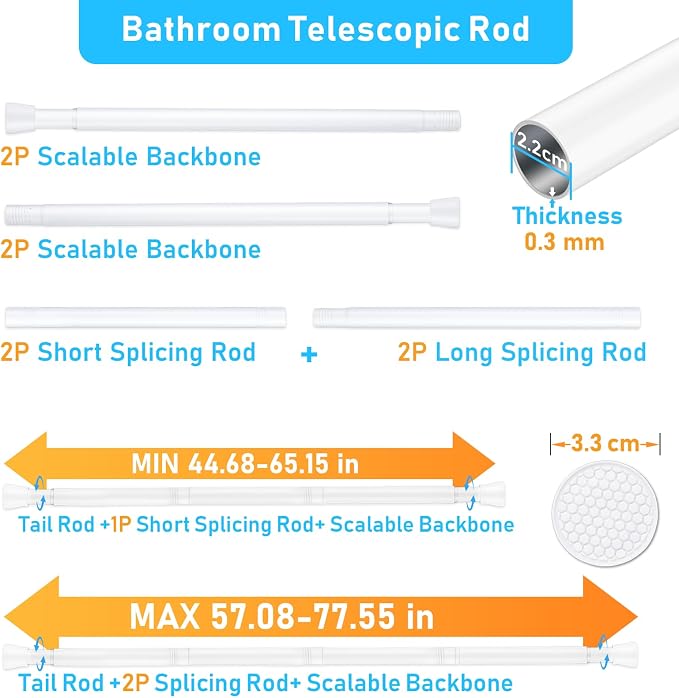 MEXAU 2 Pack White Tension Curtain Rod 45-77 Inch Shower Rod 7/8" Shower Curtain Rod Adjustable Spring Curtain Rods No Drilling Spring Rod Shower Curtain Tension Rod for Bathroom Windows Doorways