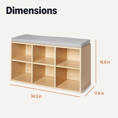 Amazon Basics Shoe Storage Bench with Cushion, 6 Cubbies, Adjustable Shelves, Oak Finish, 87cm W x 47.6cm H