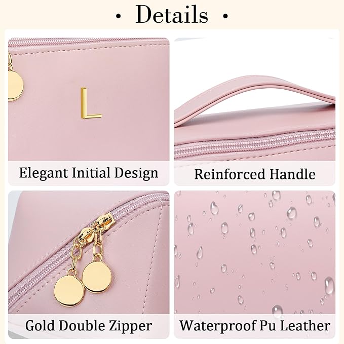 Valentine's Day Gifts for Women Teen Girl, Personalized Initial Makeup Organizer Bag Set, Open Flat Travel Cosmetic Bag With Clear Divider and Handle(Pink,L)