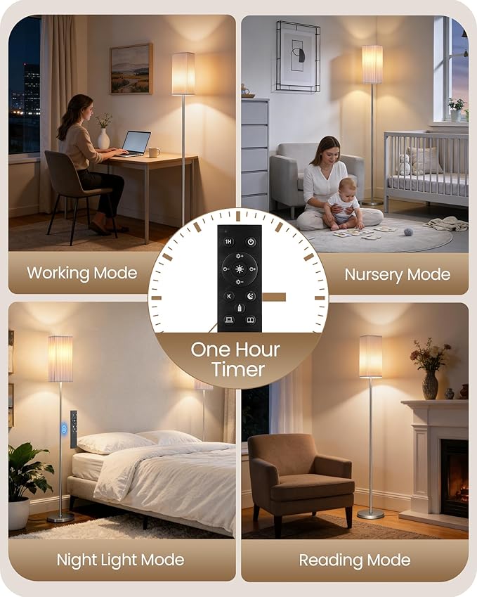 64.2” Dimmable Floor Lamp for Living Room with Remote and Foot Switch, Corner Floor Lamp for Bedroom, Includes 10W A19 Bulb, Modern Standing Tall Lamp, ETL Listed, Silver and White SCW17LD05