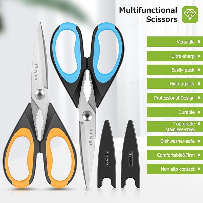 Kitchen Scissors, iBayam 2-Pack Kitchen Shears, 9 Inch Heavy Duty Dishwasher Safe Food Scissors, Multipurpose Stainless Steel Sharp Cooking for Kitchen, Chicken, Poultry, Fish, Meat, Herbs