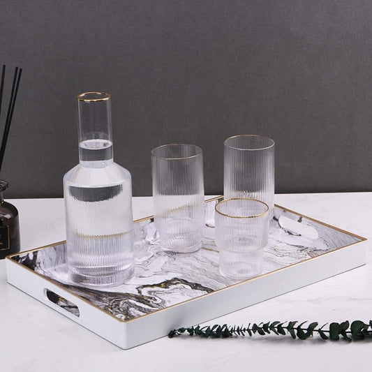 Decorative Tray, Marbling Plastic Tray with Handles, Rectangular Vanity Tray and Serving Tray for Bathroom, Kitchen, Ottoman and Coffee Table, 15.6” x 10.2”, White