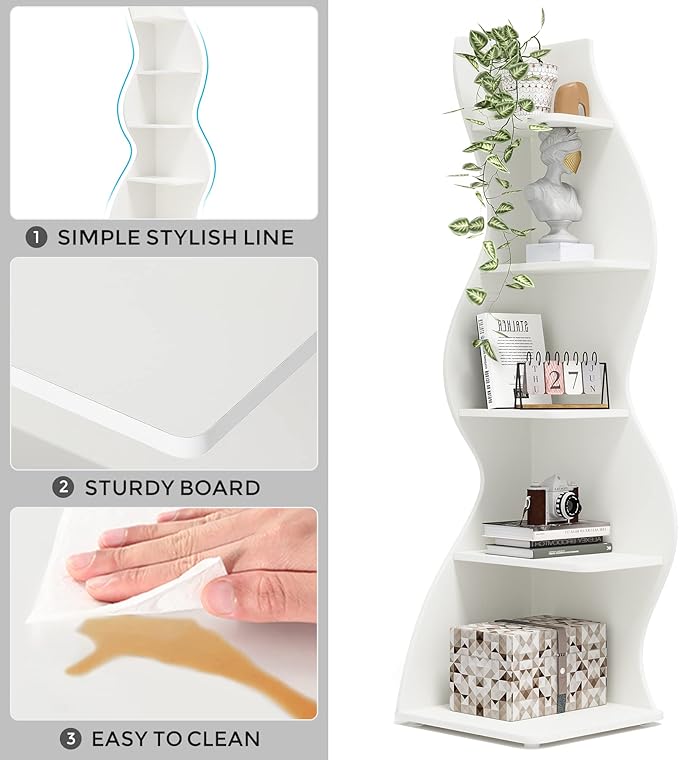 Tribesigns Corner Shelf, Modern 5-Tier Wall Corner Bookshelf, Stylish Corner Small Bookcase Storage Rack Plant Stand with Unique Shape for Living Room, Home Office (White, 1PC) | Stylish, Storage Rack, Plant Stand, Unique Shape, Living Room, Home Office