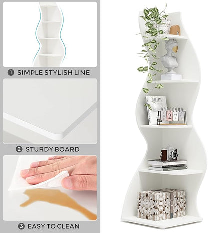 Tribesigns Corner Shelf, Modern 5-Tier Wall Corner Bookshelf, Stylish Corner Small Bookcase Storage Rack Plant Stand with Unique Shape for Living Room, Home Office (White, 1PC) | Stylish, Storage Rack, Plant Stand, Unique Shape, Living Room, Home Office