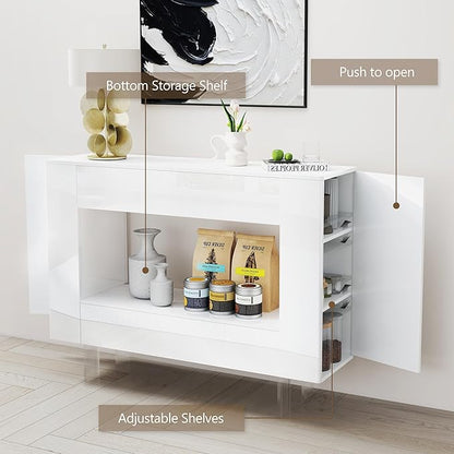 High Gloss Console Table with Hidden Side Storage Cabinets, Adjustable Shelves, Modern Entryway Sofa Table for Behind The Couch, Living Room, Hallway, White