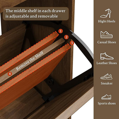Shoe Storage Cabinet for Entryway, Farmhouse Wide Shoe Cabinet with 4 Flip Drawers and 2 Top Drawers, Freestanding Organizer with Adjustable Shelves, Hooks, and Anti-Tip Kit for Hallway