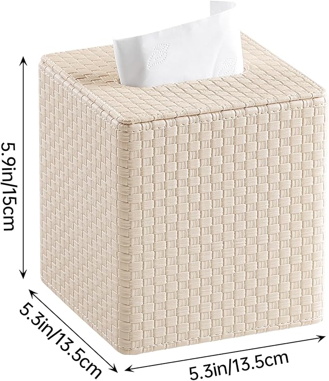 Square Tissue Box Cover, Stylish Leather Tissue Box Holder with Magnetic Bottom, Used As A Decorative Tissue Holder for Living Rooms, Bedrooms, and Desks (Beige Woven Pattern)-1