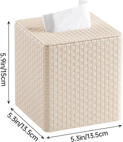 Square Tissue Box Cover, Stylish Leather Tissue Box Holder with Magnetic Bottom, Used As A Decorative Tissue Holder for Living Rooms, Bedrooms, and Desks (Beige Woven Pattern)-1