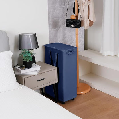Vincona Slim Laundry Hamper with Lid and Wheels, Small Rolling Laundry Basket with Handle for Small Spaces, Tall Dirty Clothes Hampers for Dorm, Bathroom and Bedroom, 75L, Blue